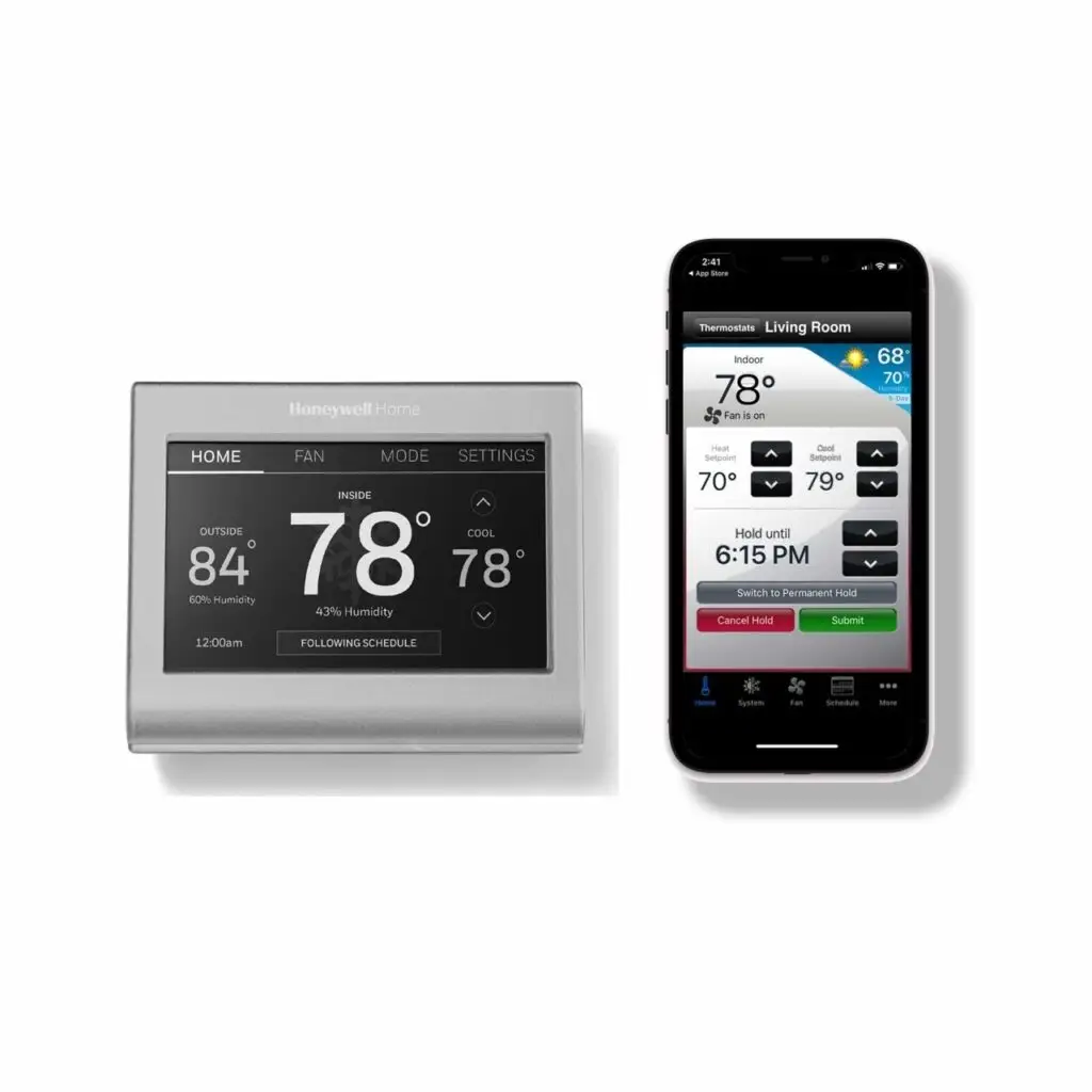 Image of smart thermostat with smart phone